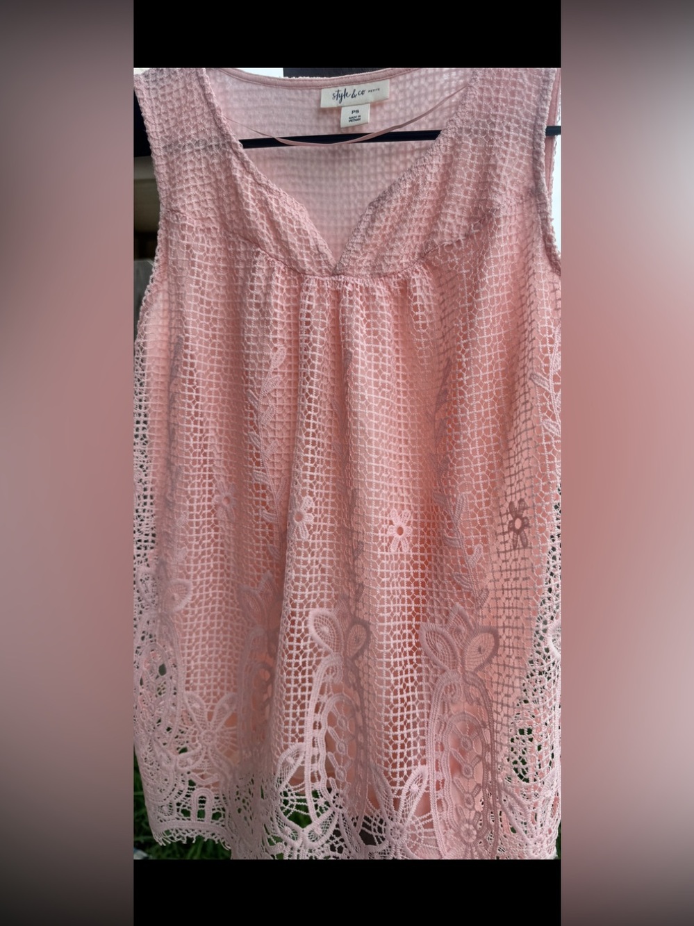 Style & Co. Petite Pink Crochet V-Neck Shell